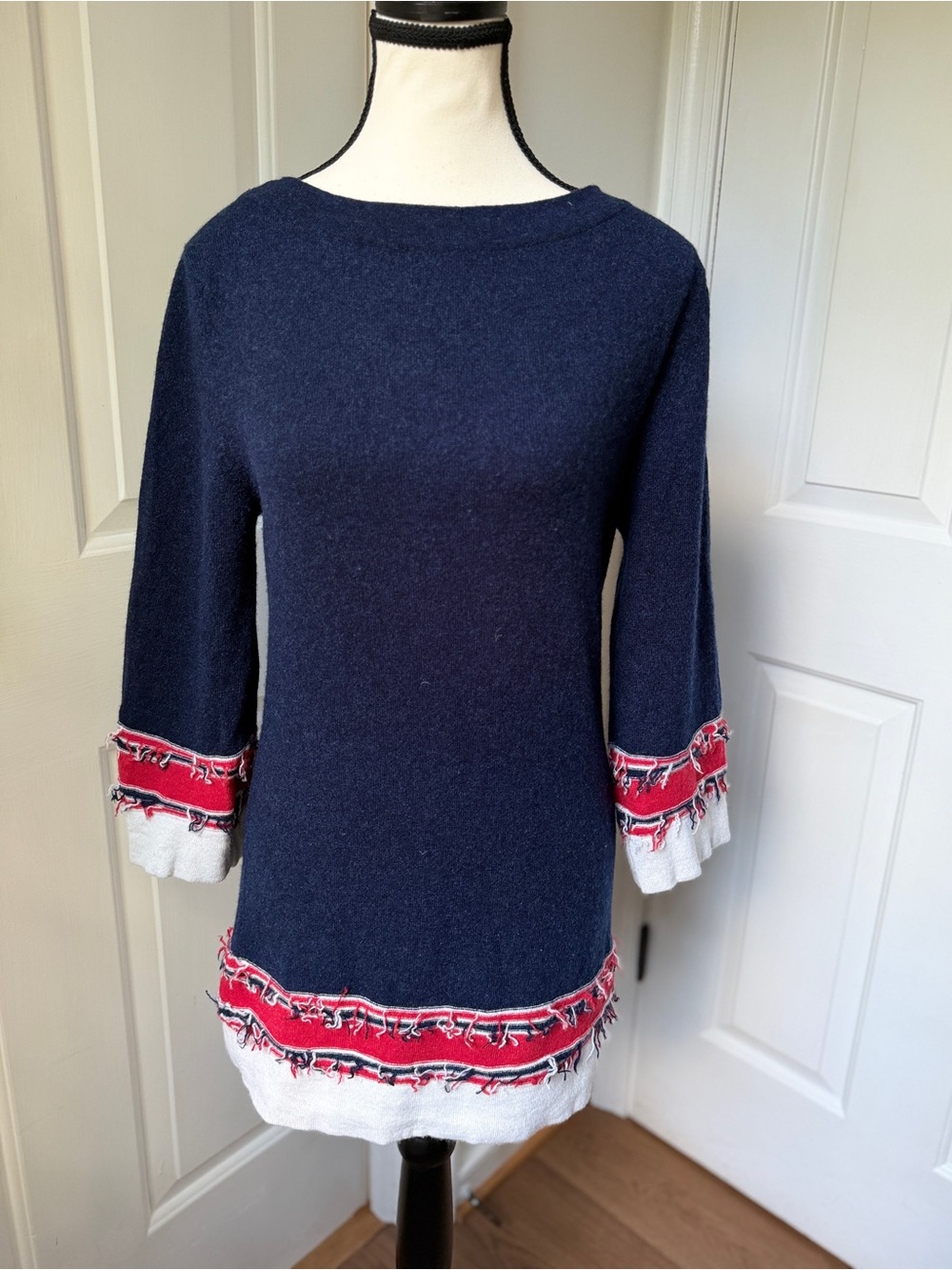 Barrie Blue White Red Long Sleeved Cashmere Knit Dress